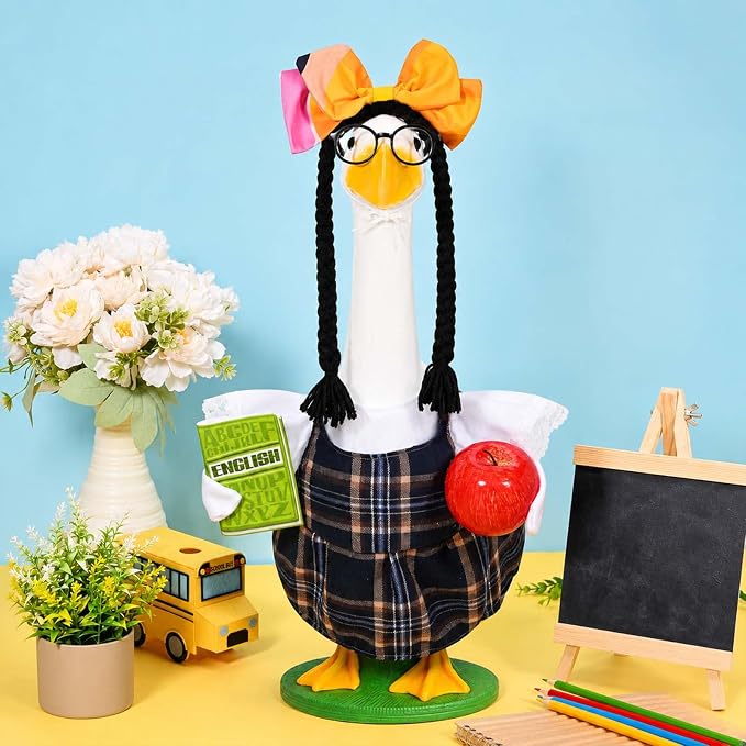 JcHrmers Teacher Porch Goose Outfits Back to School Goose Outfits Lawn Goose Clothes Fits 23" Cement Plastic Goose Statue for School Classroom Outdoor Garden Yard Patio Decor