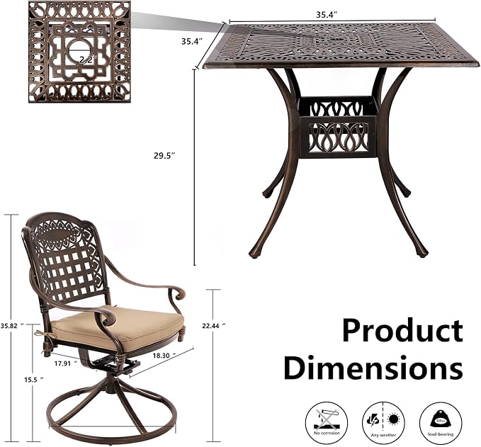 Grepatio 5 Piece Cast Aluminum Patio Dining Set, Outdoor Furniture Set with 4 Swivel Rocker Ding Chairs, 4 Cushions and 35.4" Square Table with 2" Umbrella Hole, Antique Bronze (Grid)