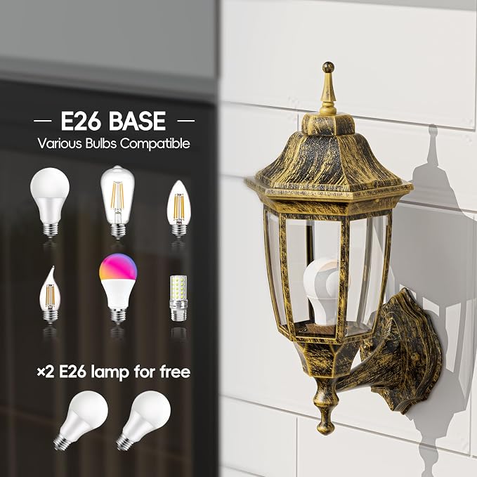 EMART Dusk to Dawn Outdoor Porch Light with Bulb, Wall Lamp(2 Pack, Gold) | Exterior Anti-Corrosion, Waterproof Aluminum & Glass Shades, Modern Sconce Lantern Fixtures for Outside, House, Garage