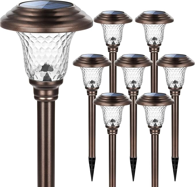 GIGALUMI Metal & Glass Solar Lights Outdoor, 8 Pack LED Garden Lights | Solar Pathway Lights Waterproof IP65, Warm White Landscape Path Lights, Garden Decor for Yard, Patio, Walkway (Brown)