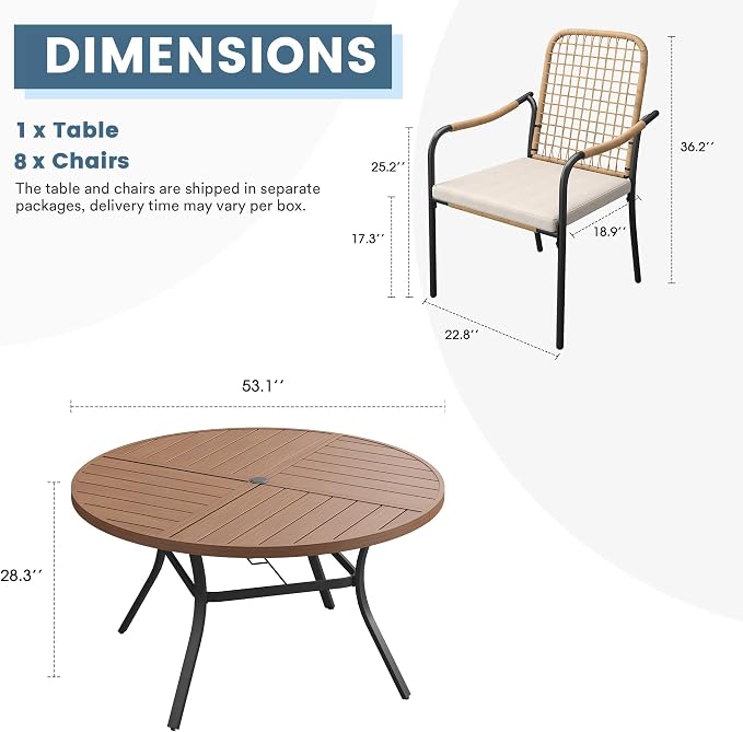 DIFY 9 Pieces Outdoor Dining Set, Metal Patio Table and Chairs Set for 8, 53.1" Round Dining Table with Umbrella Hole & Wicker Stackable Patio Chairs with Cushions, Walnut Tabletop