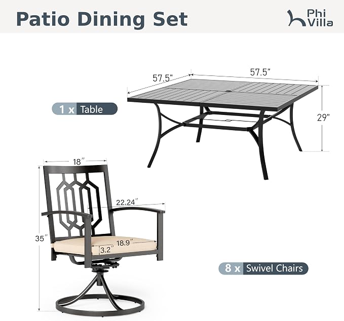 PHI VILLA 9 Pcs Outdoor Dining Set, 57.5" Steel Table, Black | 57.5" wrought iron table w/ umbrella hole &8 swivel chairs w/ cushions . Weather-resistant e-coated frame.Perfect for patio