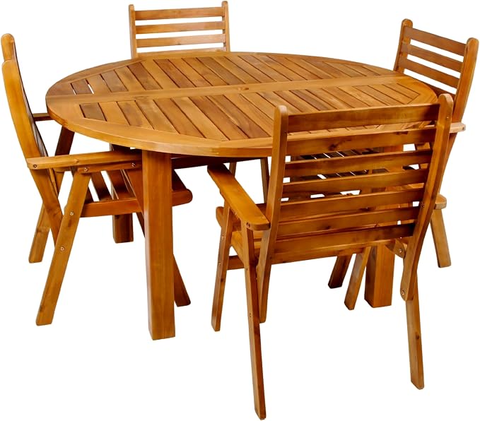 Patio Wise Round Acacia Wood Patio Table, Indoor/Outdoor Wooden Dining Tables, Deck, Balcony, & Porch Furniture, 57-Inches Long x 57" Wide x 29 ½ -Inches High with 2-Inch Umbrella Hole, Teak