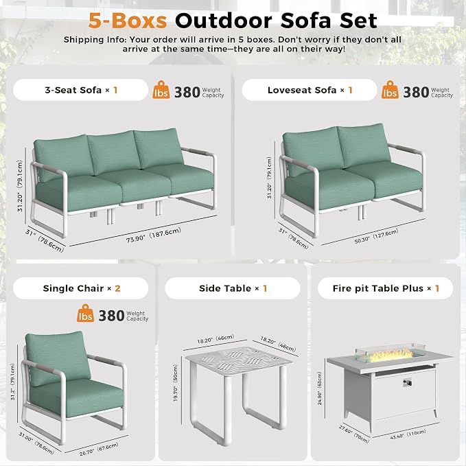 Outdoor Aluminum Patio Furniture Set with 43" Fire Pit Table,7-Seat Outdoor Conversation Set with 6.5" Thick Cushions & Coffee Table, All-Weather Patio Set for Backyard,White