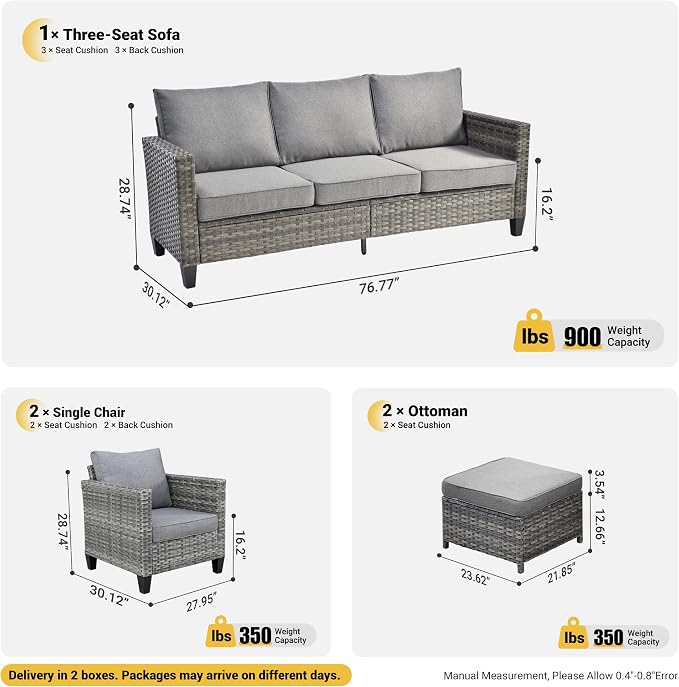 ovios 5 Pieces Patio Furniture Set, Outdoor Wicker Rattan Sofa Couch with Ottomans Comfy Cushions, Modern Conversation Set for Deck Backyard Porch, Dark Grey