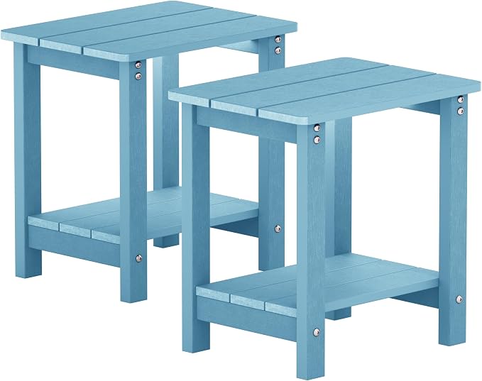 MXIMU Outdoor Side Table Set of 2: Heavy-Duty Sturdy Warp Resistant Adirondack Table - Wood Grain Finish Outdoor End Tables - Easy Assembly & Low Maintenance Patio Side Table Blue