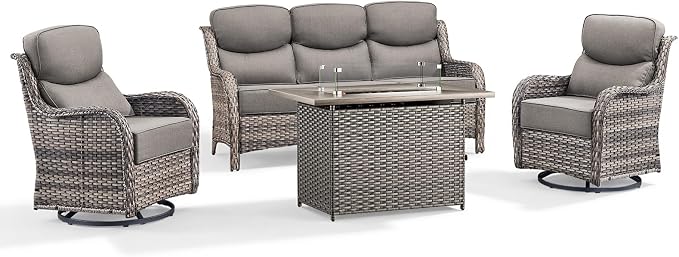 Luxury Patio Furniture Set with 6-inch Thick Cushion, Outdoor Furniture with Fire Pit Table, Swivel Chairs, Sofa, 4pcs Wicker Conversation Set for Deck Yard and Poolside Grey Wicker | Grey Cushions