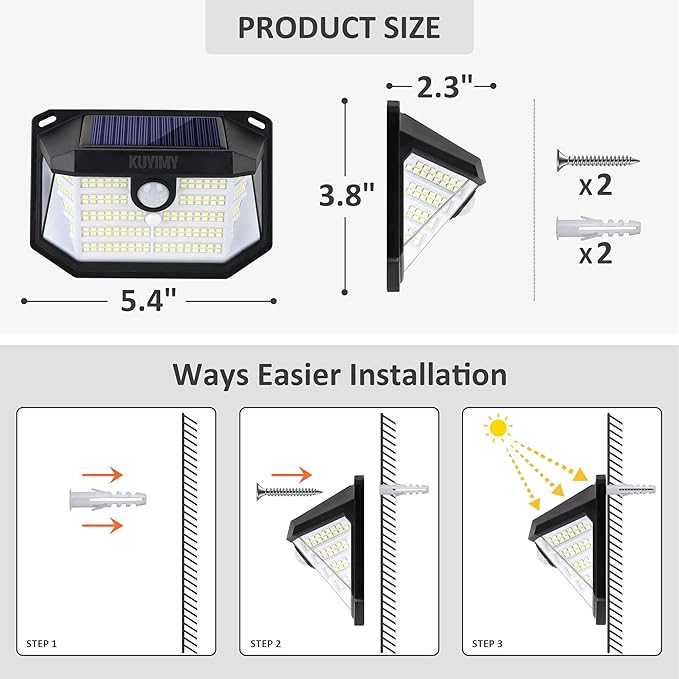 Solar Outdoor Lights, 230 LED with Motion Sensor and 3 Modes, IP65 Waterproof, 270° Wide Angle Light, Easy-to-Install Intelligent Security Wireless Wall Lights for Patio, Garden, Fence(2 Pack)