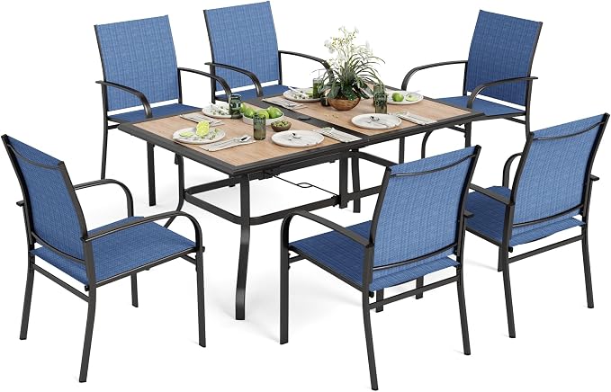 MIXPATIO 7 Pieces Patio Table and Chairs Set, Outdoor Dining Furniture Set for 6, 6 Blue Textilene Chairs and 61" Wood-Like Table Top with Umbrella Hole, for Deck Backyard Lawn