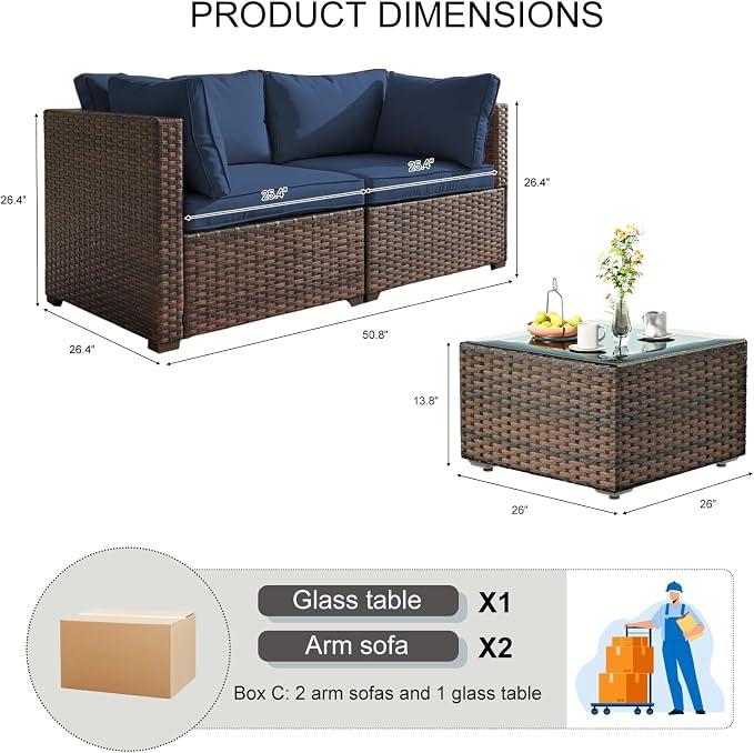 3 Pieces Patio Furniture Set with Glass Table, Outdoor PE Rattan Sectional Sofa with Soft Cushions for Backyard, Porch, and Poolside (Blue, 3 PCS w/Table)