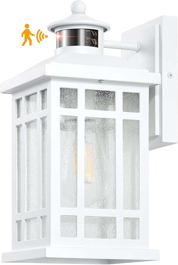 White Dusk to Dawn Outdoor Lighting, Modern Exterior Lighting Fixtures with Motion Sensor 4 Modes, Patio Lights Outside Waterproof for House, Garden, Front Porch, Brightness Distance Adjustable