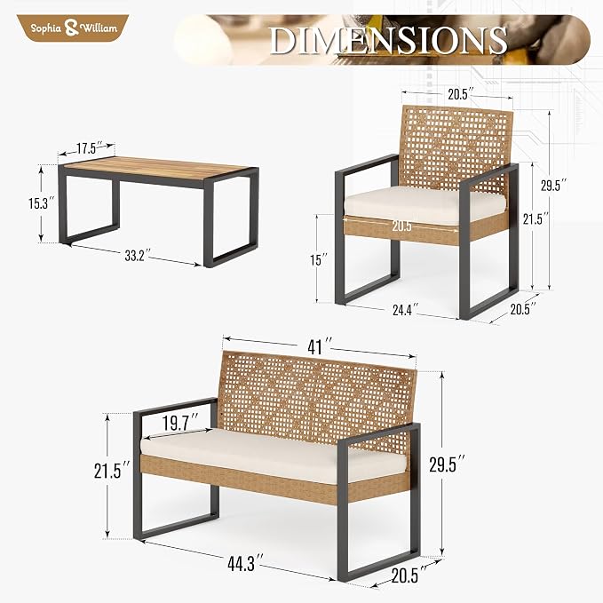 Sophia & William 4 Pieces Patio Conversation Set, Wicker Outdoor Furniture Set for 4, All Weather Outdoor Seating Set, Rattan Loveseat & Chairs with Cushions & Coffee Table,Yellow and Beige