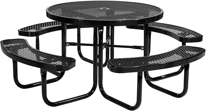 VEVOR Heavy-Duty Picnic Table, Outdoor Furniture Weather Resistant Patio Dining Set, Coated Steel Tables with Umbrella Hole, 46" Round Table and Bench Set, for Garden, Backyard, Porch (Black)