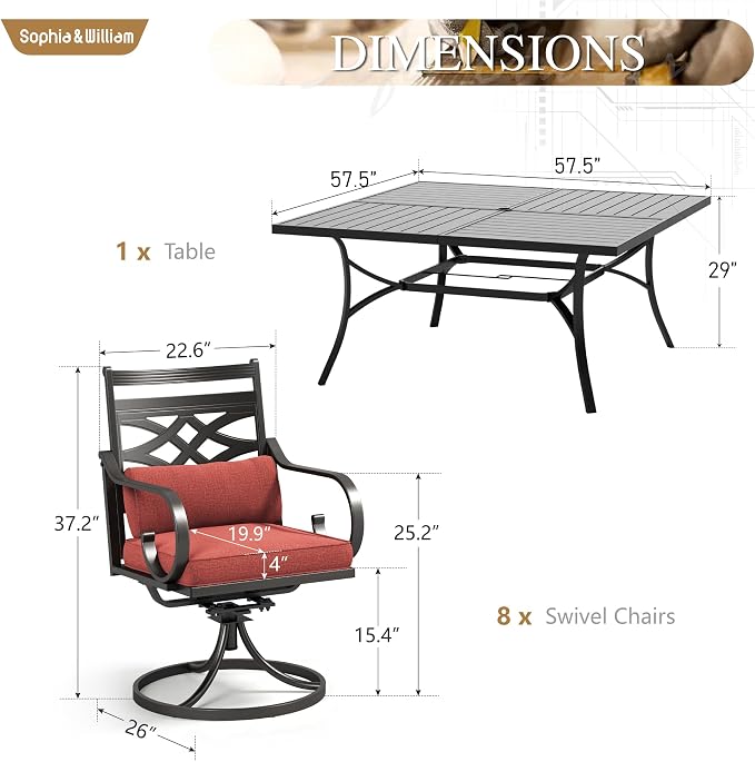 Sophia & William Patio Dining Set, Steel, Black | Umbrella Hole, Swivel Chairs, E-Coated, Cushions Included, For Patio, Garden and Yard
