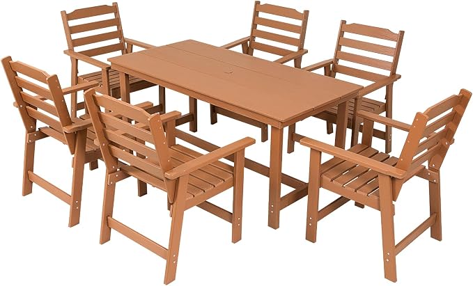 FUNBERRY Outdoor Dining Set, HDPE 7 Piece Dining Table Set with Chairs | 2" Umbrella Hole Table, Wood-Grain, HDPE All Weather, No Rot or Rust or Crack, UV Fade Shield, Easy-Clean for Outside