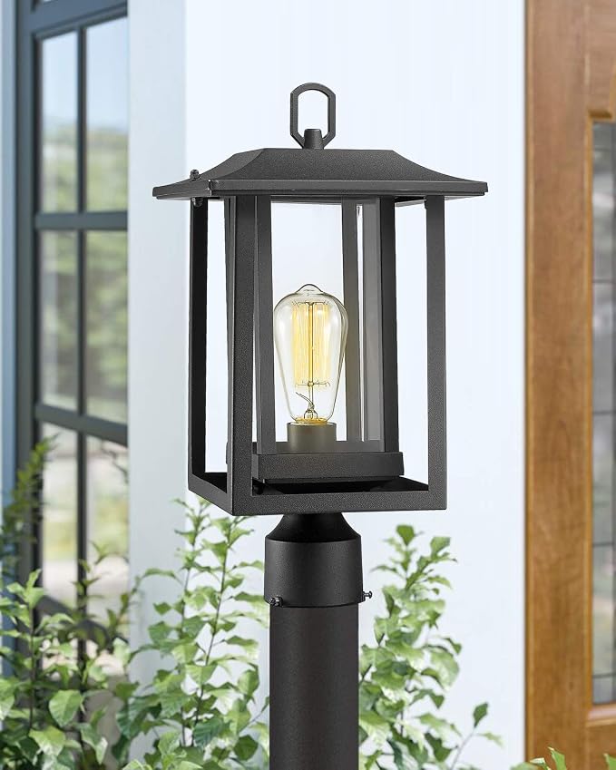 Beionxii Outdoor Post Light, Large Exterior Lamp Post Light Pier Mount Lantern with Base, Black Cast Aluminum w/Clear Glass (19" x 9") - A197P-1PK