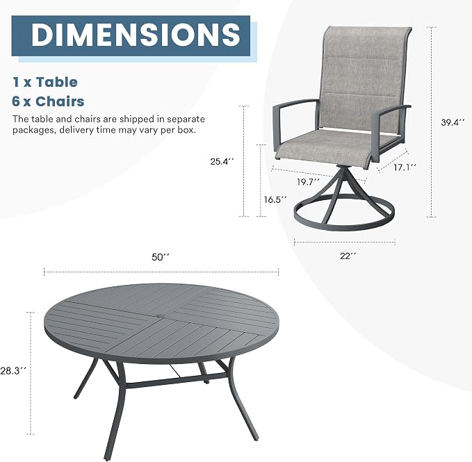 DIFY 7 Piece Outdoor Dining Set, Metal Patio Table and Chairs Set, 50" Round Dining Table & 6 Padded Textilene Swivel Patio Chairs, Outdoor Furniture Set for Garden Backyard Porch, Grey