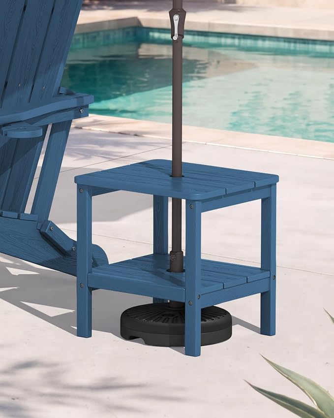 SERWALL 2-Tier HDPE Outdoor Side Table, Weatherproof Rectangular Adirondack Side Table, Blue