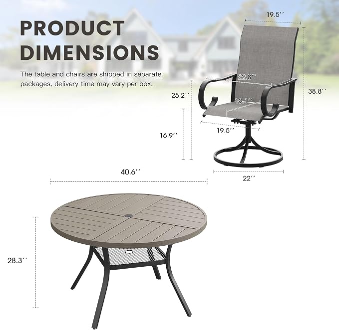 5 Pieces Patio Dining Set, 4 Outdoor Swivel Dining Chairs with 40.7" Round Metal Outdoor Dining Table with Umbrella Hole for Garden Backyard Deck, Grey