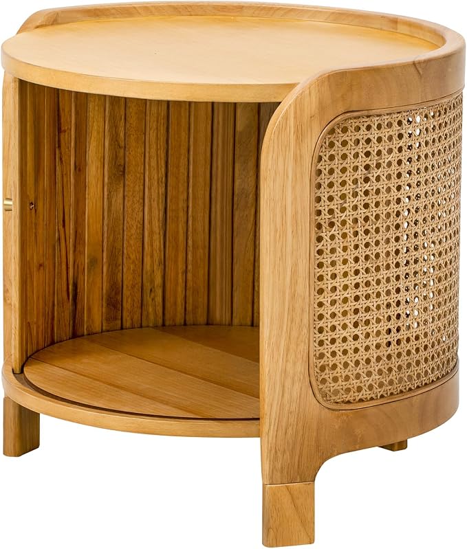 Merax Small Round Rotating Coffee Table with Hidden Storage, 19.8 Inch Modern Indoor/Outdoor Natural Rattan Coffee Table with Wood Fluted Sliding Door, for Patio Garden Balcony or Living Room