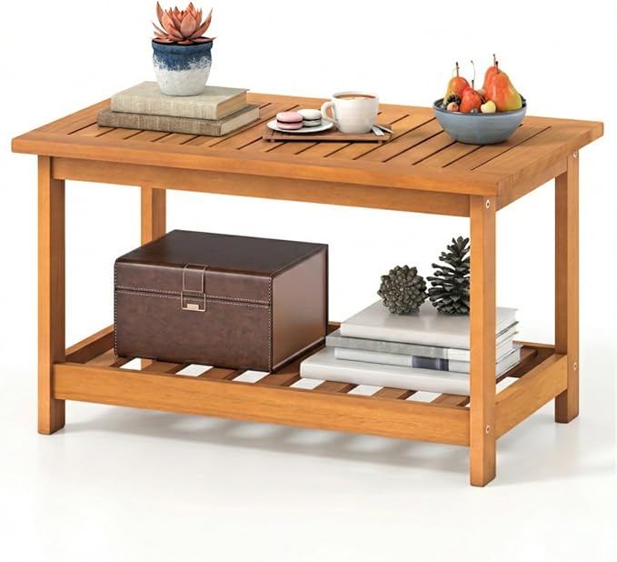 Acacia Wood Coffee Table with Storage Shelf, 29.5" Rectangular Outdoor Patio Center Table, 2-Tier Slatted Side Table for Garden Backyard Poolside Living Room, Natural Wood Finish