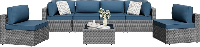 Shintenchi 7 Pieces Outdoor Patio Furniture Sets, Patio Sectional Sofa Couch, Gray PE Wicker Furniture Modular Patio Conversation Sets Patio Sofa with Washable Cushions, Aegean Blue