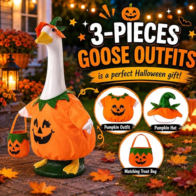 Halloween Porch Goose Outfits for 23'' Lawn Geese Statue, Pumpkin Porch Goose Outfit Costume with Witch Hat Candy Treat Bag, Outdoor Garden Goose Decor for Patio Yard Lawn Art Halloween Ornament
