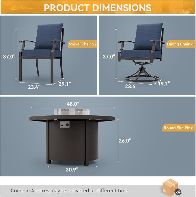 ALAULM 5-Piece Outdoor Dining Set for 4 Metal Outdoor Patio Furniture with 2 Swivel Chairs & 40000 BTU Round Fire Pit Table for Patio, Backyard, Garden-DarkBlue