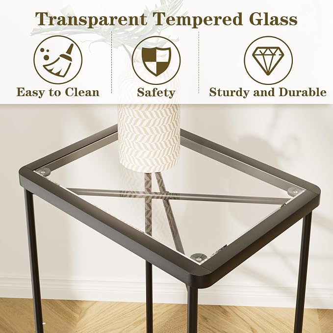 Garden 4 you Small Side Table, Glass End Table Set of 2, Black Outdoor Side Table with Metal Frame, Mini Bedside Table for Living Room, Bedroom, Patio, Small Space, 2pcs
