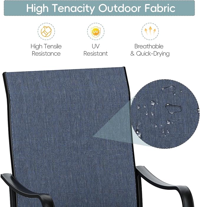 7 Piece Patio Dining Set for 6 Swivel Chairs and 47” Round Metal Table with Umbrella Hole, All Weather Patio Dining Furniture Set for Deck Lawn Backyard, Black Table and Navy Blue Chairs Set