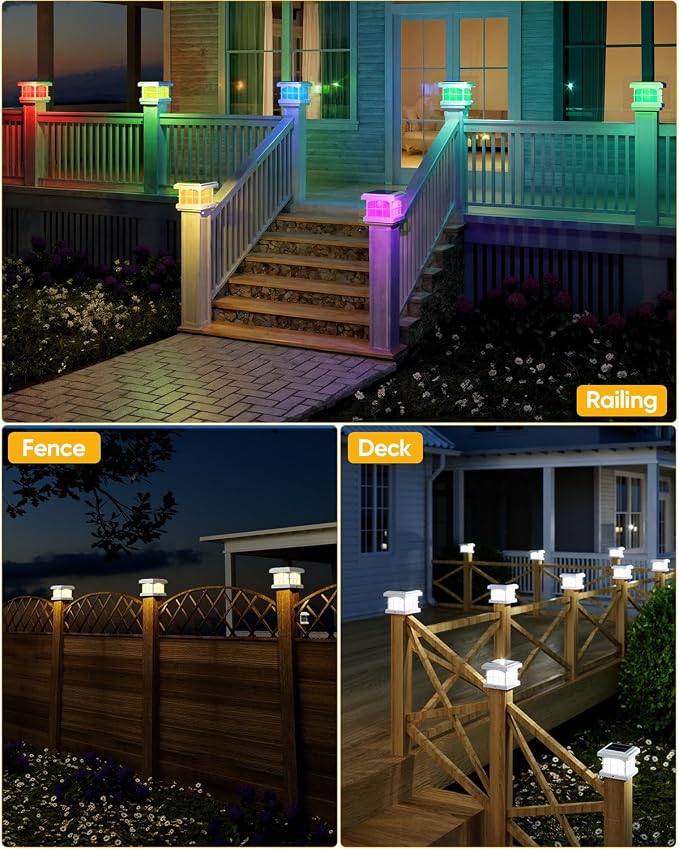 RGBCW Solar Post Cap Lights 2-Pack, 9 Colors 3 Modes Fence Cap Lights, Bright Solar Outdoor Waterproof LED Deck Lighting for Fence Garden Deck Patio Porch Decor 4x4 Vinyl/Wood, White