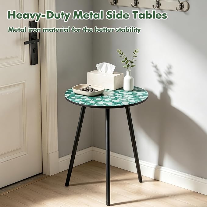 2 Pack Metal Mosaic Round Side Tables 13.4" Small Outdoor Patio Round Accent Coffee Tables Indoor Corner Stand for Small Spaces Weather-Resistant for Balcony Plant Stands Indoor, Green Floral Mandala