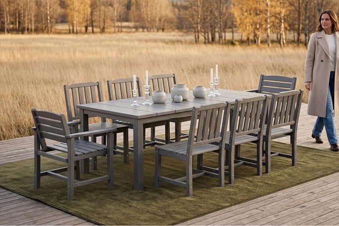 Perli™ 9-Piece Outdoor Dining Set, All-Weather HDPE Patio Furniture with 8 Ergonomic Chairs & Large Table, Built-in Umbrella Hole, UV-Resistant Set for Backyard, Deck, Poolside, Grey