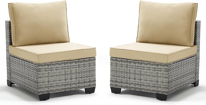 ANJ Outdoor Wicker Patio Chairs Set of 2, Modular Armless Patio Seating with Thick Cushions, All-Weather Rattan Conversation Chair Set for Porch, Balcony, Garden, Backyard, Light Grey Wicker-Camel