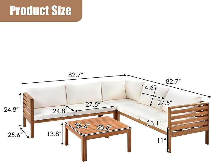 L-Shaped Wood Structure Patio Outdoor Sofa Set with Coffee Table and Cushion, Water Resistant Acacia Wood Sofa for Patio, Lawn, Yard, Pool or Backyard, Beige Cushion