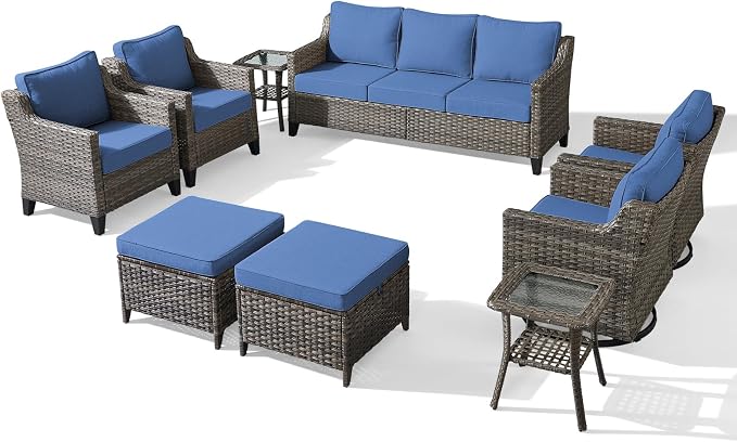 Outdoor Furniture Set of 9, Patio Furniture Set with Swivel Chairs, Sofa, Side Table and Ottomans, High Back&Deep Seat for Garden Deck Porch Balcony Backyard - Blue