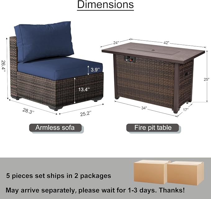 Patio Furniture Set with Fire Pit Table, Outdoor Sectional Rattan Sofa Set, Patio Set Seating Furniture with Thickened Cushions (Blue, 9 Pieces)