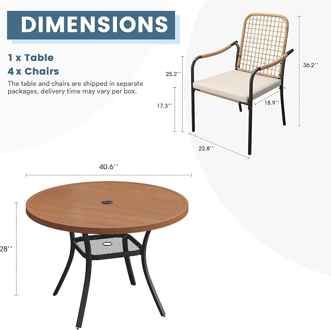 DIFY 5 Pieces Outdoor Dining Set for 4, 40.6" Round Dining Table with Umbrella Hole & Wicker Stackable Patio Chairs with Cushions, Metal Patio Table and Chairs Set for Backyard Porch Garden, Walnut
