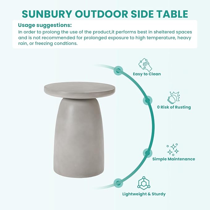 SUNBURY Outdoor Side Table, 22"H Large Concrete End Table Pebble Shaped, Lightweight Round Accent Table, Decorative Modern Coffee Table, Garden Planter Stand for Patio, Porch, Living Room Decor, Grey