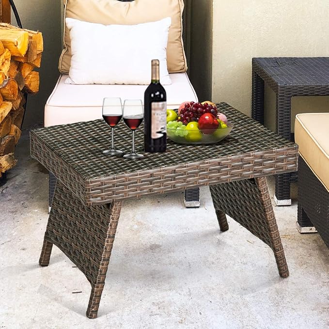 LDAILY Outdoor Side Table, Portable Wicker Coffee Table with Rattan and Steel Frame, All Weather Pre-Assembled Coffee Furniture, Standing Folding Patio for Courtyard, Poolside, Garden (Brown)