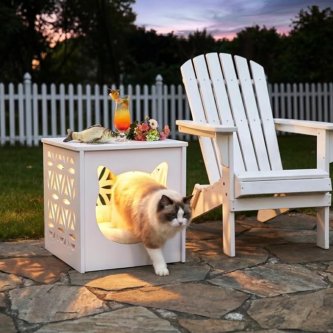 VINGLI Outdoor Side Table with Cat House and LED Light, 15.6" Resin Waterproof Square Side Table End Table for Patio Garden Balcony Porch (White)