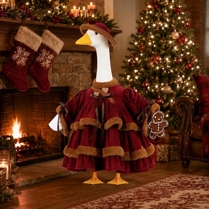 STONESTAR Christmas Porch Goose Outfits for 23" High Cement Plastic Lawn Goose Statue, Vintage Gingerbread Velvet Tiered Dress Goose Costume for Patio Yard Xmas Santa Holiday Decor