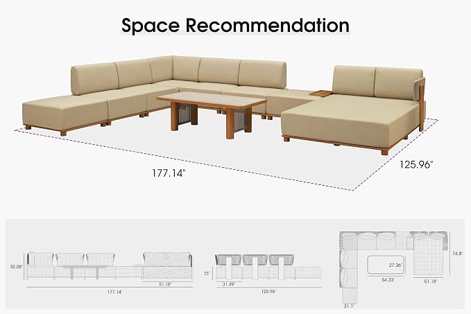 PURPLE LEAF Patio Furniture Set Modular U-Shaped Outdoor Sectional Sofa with 11" Thick Cushion 9-Piece Outdoor Conversation Set w/Daybed & White Lights for Backyard Ottomans & Table Included, Beige