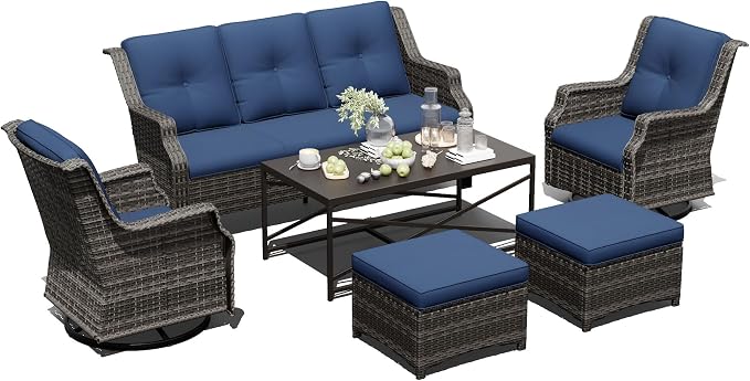 Outdoor Patio Furniture Set, 6 Piece Wicker Patio Furniture with Thick Cushions, Curved Armrest, Deep Seating, Outdoor Swivel Rocker Chairs for Porch, Deck, Balcony