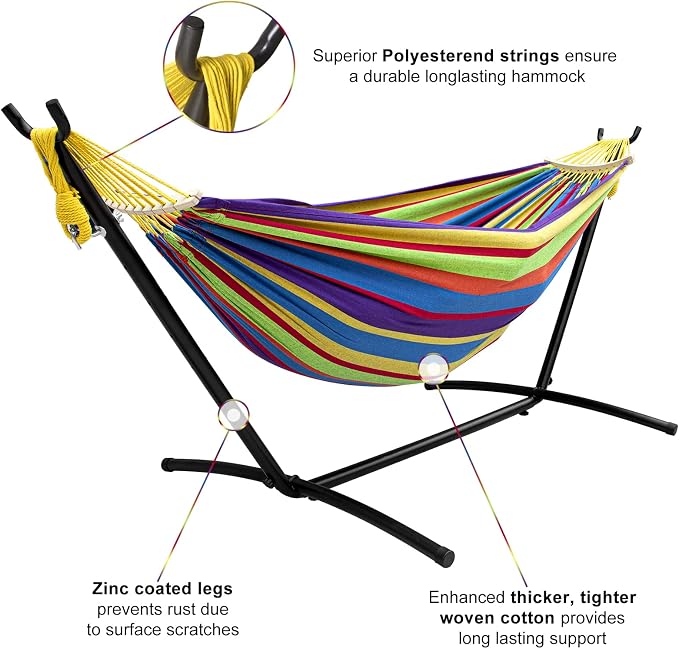 SZHLUX Double Hammock with Stand for Outside 450lb Capacity Steel Stand, Premium Carry Bag Included and Two Anti Roll Balance Beam