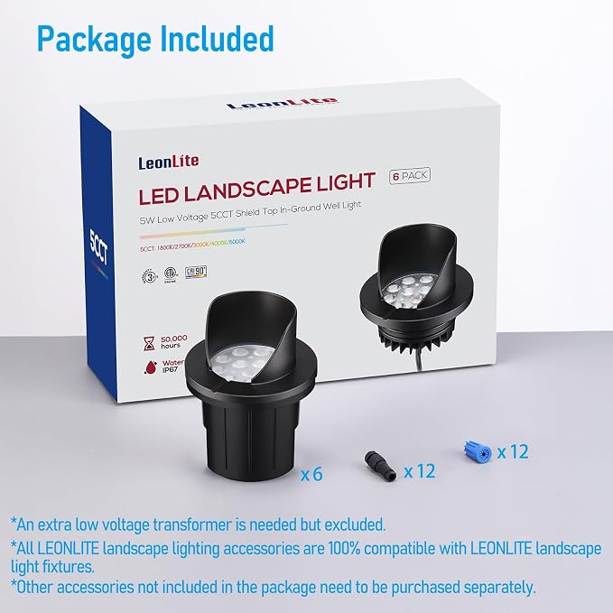 LEONLITE 6-Pack Dia.4 Inch 5CCT Well Lights Shielded Top Black | 12-24V AC/DC, CRI90, 1800K/2700K/3500K/4000K/5000K, Landscape LED In Ground Outdoor, Low Voltage Garden Landscaping, Aluminum