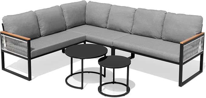 7-Piece L-Shaped Outdoor Sectional Sofa Set with Nesting Table | Hand-Woven PE Wicker, All-Weather Steel Frame, 4.3-Inch Thick Removable Cushions, Glass Coffee Table, Patio Conversation Set