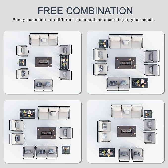 9 Pieces Patio Furniture Set, Metal Outdoor Conversation Sets with Fire Pit Table and Swivel Chairs for Backyard Garden Deck Porch Poolside (Thick Beige Cushions)