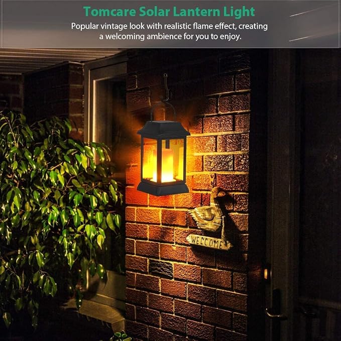 TomCare Flickering Flame Solar Lights Outdoor Metal Hanging Lantern, 4 Pack | Realistic Flame Effect, Charges in 6-8 Hours, 10-12-Hour Runtime, IP65 Waterproof, Auto On/Off for Patio, Garden and Porch
