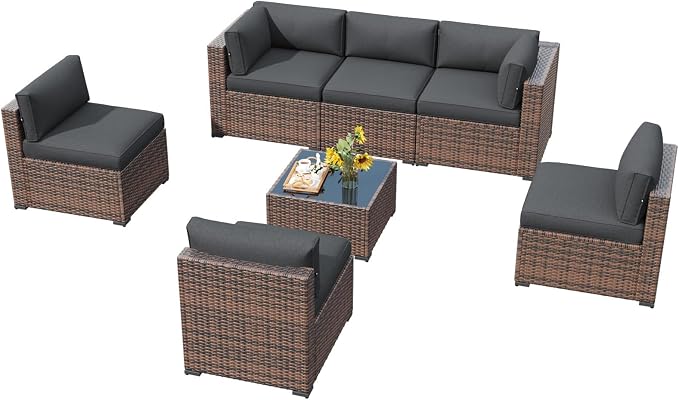 LazySunsets 7 Piece Outdoor Patio Furniture Set with Coffee Table, Outdoor Patio Furniture Sets with Thicken Cushion, Wicker Rattan Outdoor Conversation Set for Backyard & Garden, Grey